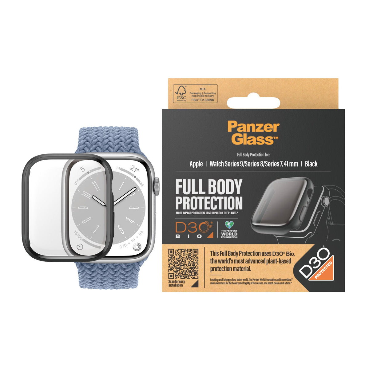 PanzerGlass Full Body - szkło antybakteryjne full body do Apple Watch 9 41mm czarna ramka