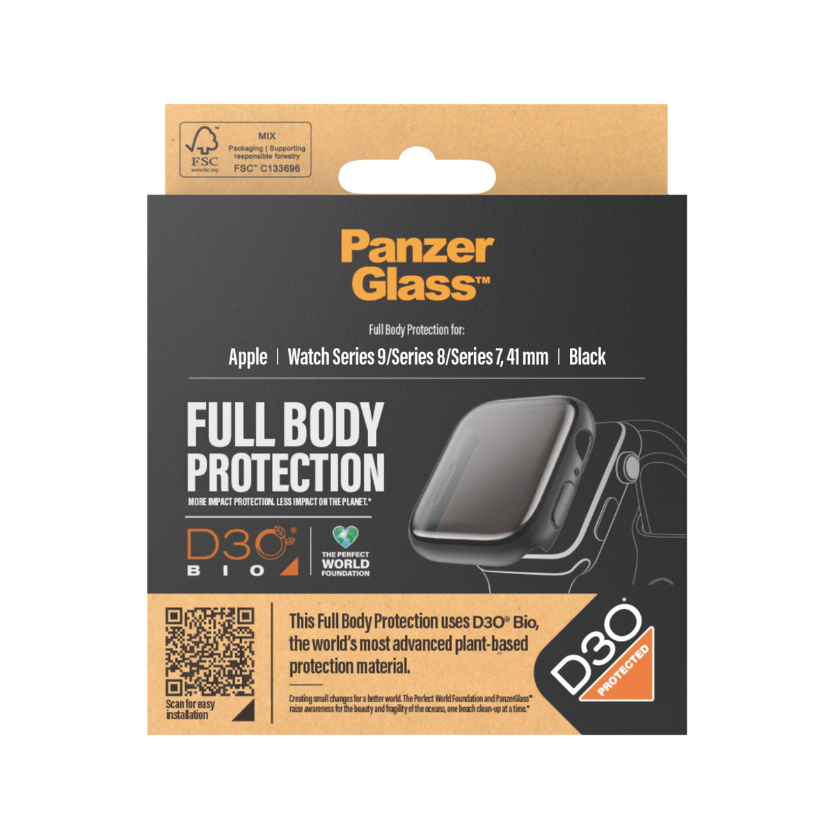 PanzerGlass Full Body - szkło antybakteryjne full body do Apple Watch 9 41mm czarna ramka