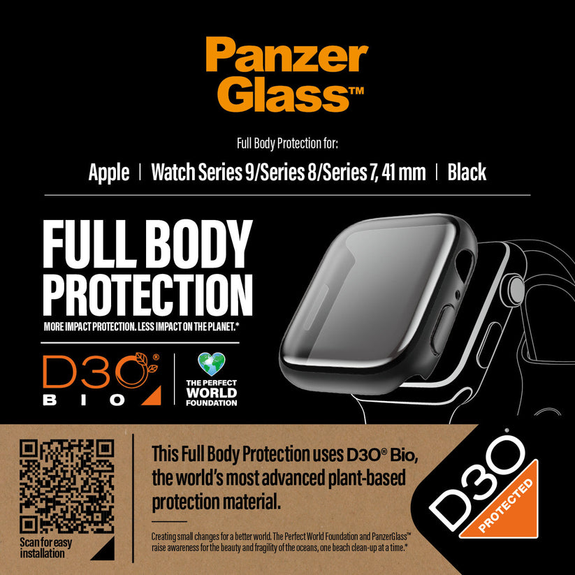 PanzerGlass Full Body - szkło antybakteryjne full body do Apple Watch 9 41mm czarna ramka