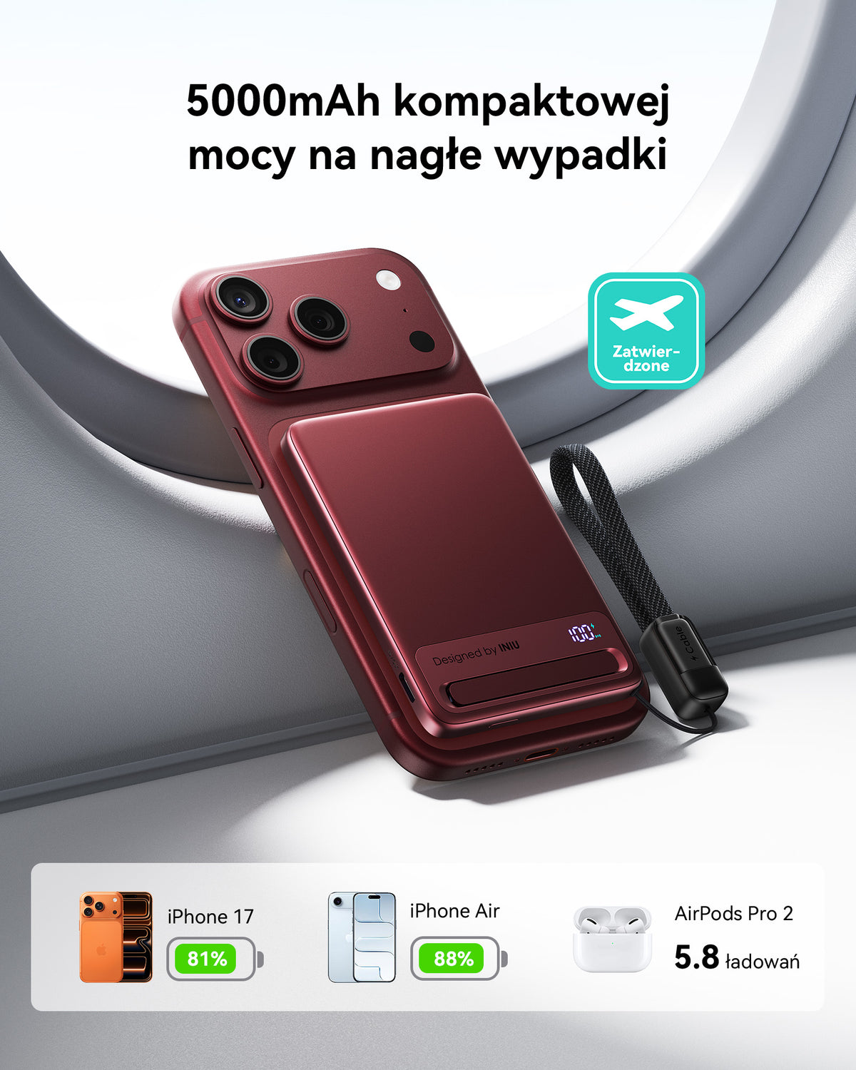 INIU Powerbank MagPro Slim - magnetyczny powerbank bezprzewodowy 5000mAh cherry red