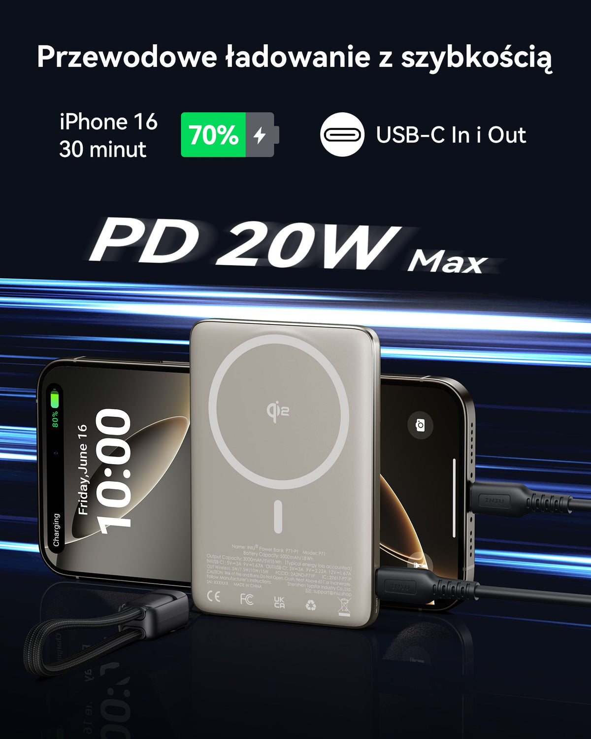 INIU Powerbank MagPro Slim - magnetyczny powerbank bezprzewodowy 5000mAh tytan