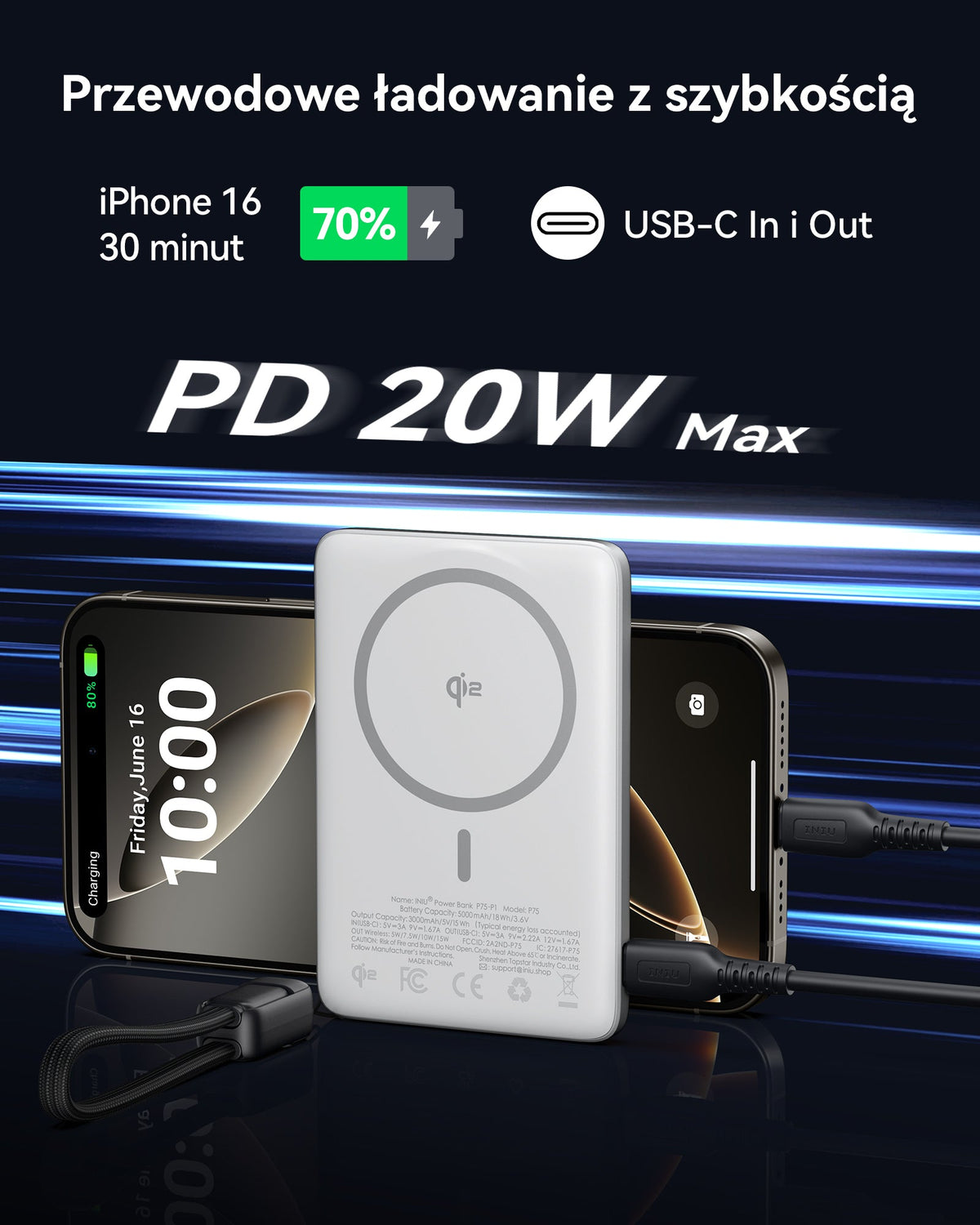 INIU Powerbank MagPro Slim - magnetyczny powerbank bezprzewodowy 5000mAh srebrny