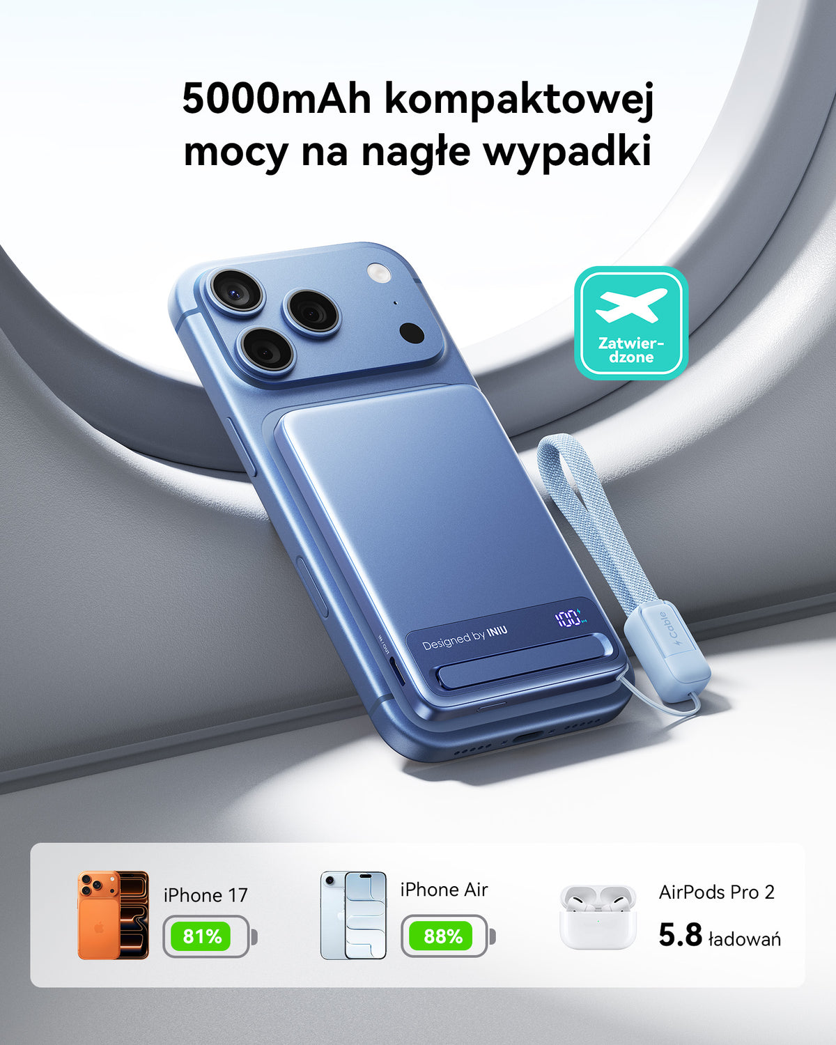INIU Powerbank MagPro Slim - magnetyczny powerbank bezprzewodowy 5000mAh light blue