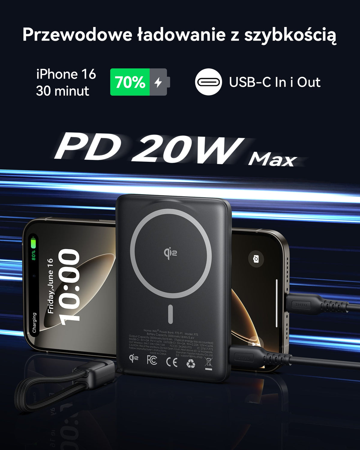 INIU Powerbank MagPro Slim - magnetyczny powerbank bezprzewodowy 5000mAh czarny