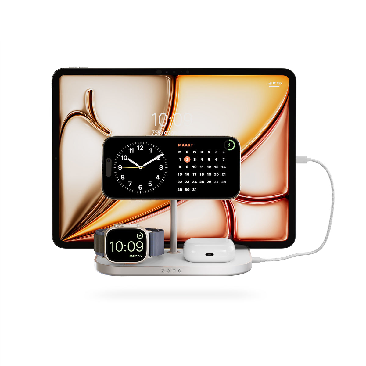 ZENS 4-1 Wireless Charger 60W - bezprzewodowa ładowarka Qi2 do trzech urządzeń (60W), z możliwością ładowania czwartego urządzenia przez kabel biała