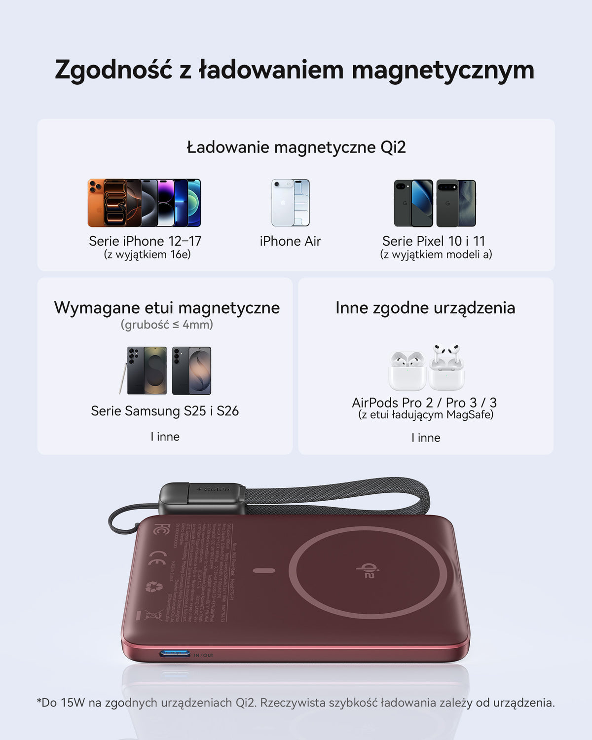 INIU Powerbank MagPro Slim - magnetyczny powerbank bezprzewodowy 5000mAh cherry red