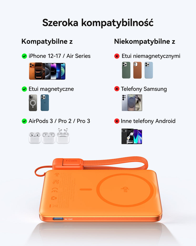 INIU Powerbank MagPro Slim - magnetyczny powerbank bezprzewodowy 5000mAh pomarańczowy