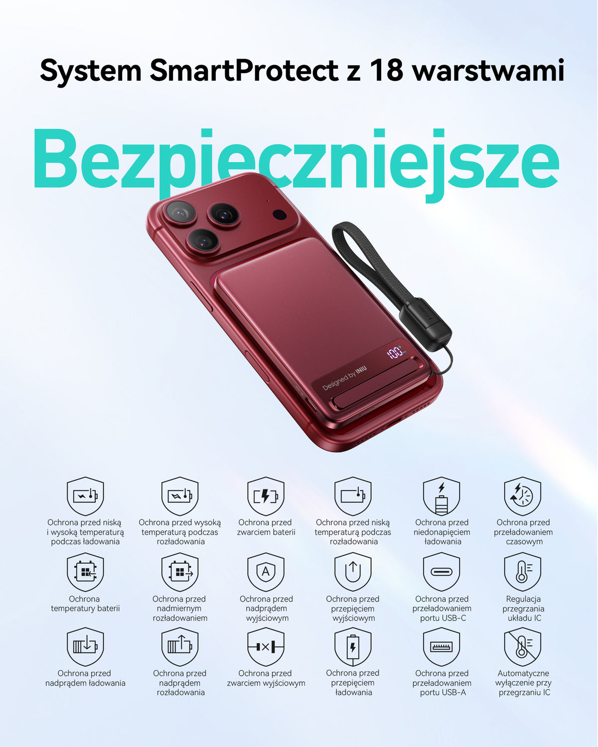 INIU Powerbank MagPro Slim - magnetyczny powerbank bezprzewodowy 5000mAh cherry red