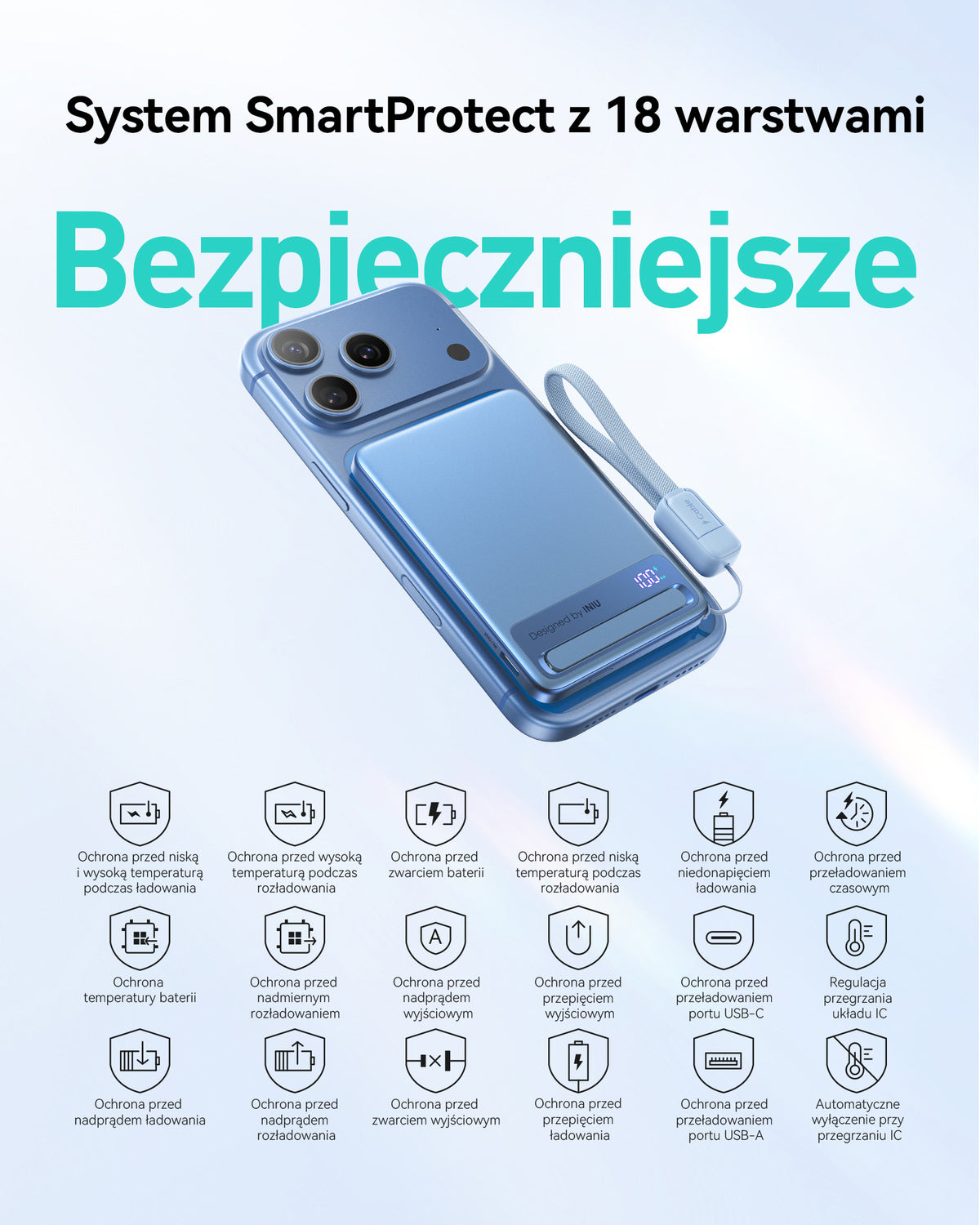 INIU Powerbank MagPro Slim - magnetyczny powerbank bezprzewodowy 5000mAh light blue