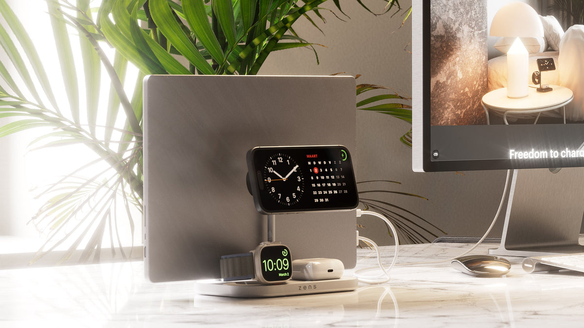 ZENS 4-1 Wireless Charger 60W - bezprzewodowa ładowarka Qi2 do trzech urządzeń (60W), z możliwością ładowania czwartego urządzenia przez kabel biała