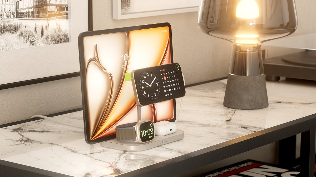 ZENS 4-1 Wireless Charger 60W - bezprzewodowa ładowarka Qi2 do trzech urządzeń (60W), z możliwością ładowania czwartego urządzenia przez kabel biała