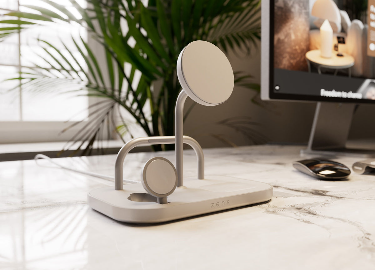 ZENS 4-1 Wireless Charger 60W - bezprzewodowa ładowarka Qi2 do trzech urządzeń (60W), z możliwością ładowania czwartego urządzenia przez kabel biała