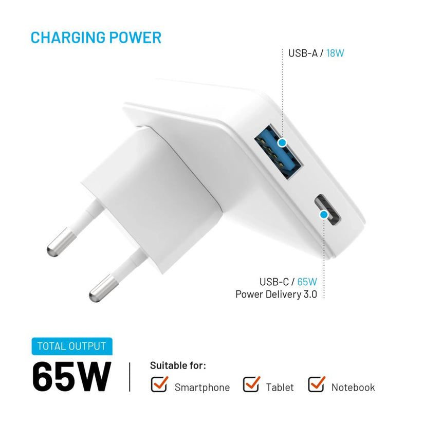 FIXED Slim GaN Travel Charger - ładowarka GaN USB-A USB-C 65W biała