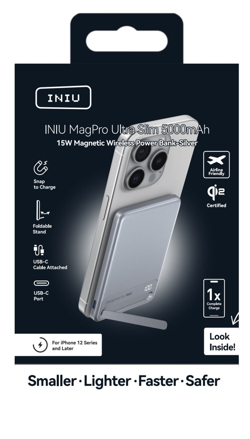 INIU Powerbank MagPro Slim - magnetyczny powerbank bezprzewodowy 5000mAh srebrny