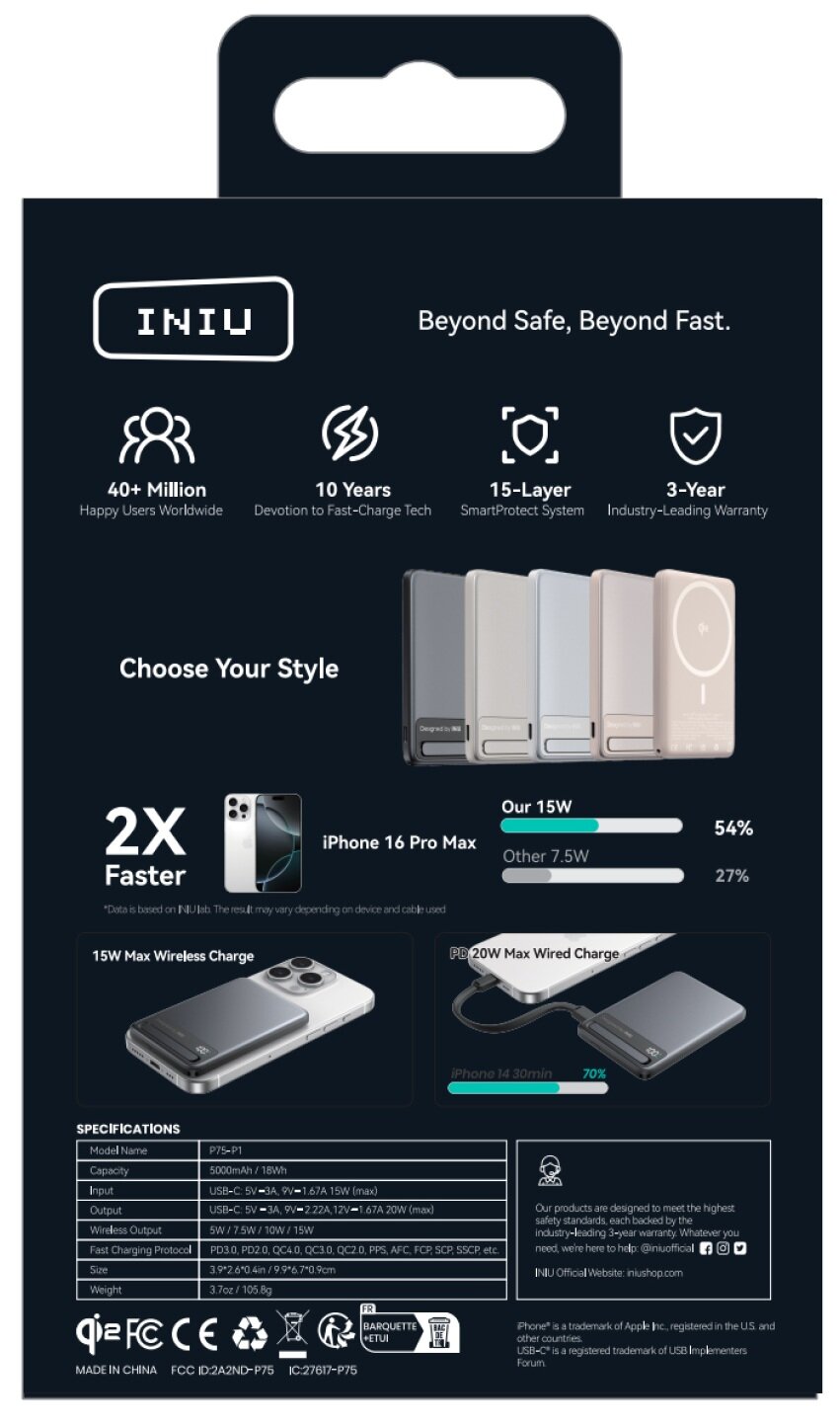 INIU Powerbank MagPro Slim - magnetyczny powerbank bezprzewodowy 5000mAh czarny
