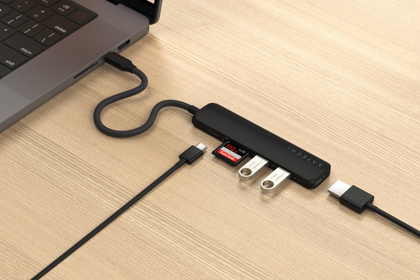 Satechi 6-in-1 USB-C Slim Multiport Adapter - aluminiowy adapter USB-C (USB-C, 2x USB-A, 4K HDMI, czytnik kart micro SD) czarny