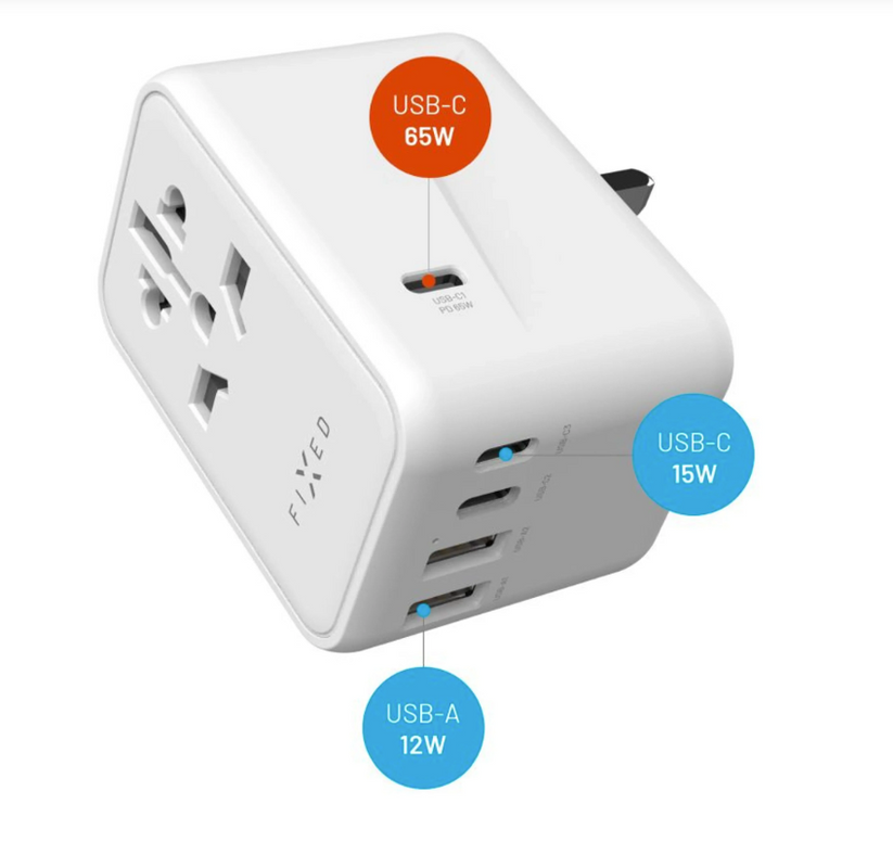 FIXED ładowarka adapter podróżny 3xUSB-C 2xUSB-A 65W - biały
