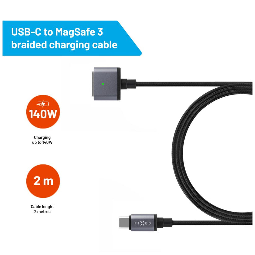 Kabel do ładowania w oplocie FIXED USB-C MagSafe 3, 2m, 140W szary