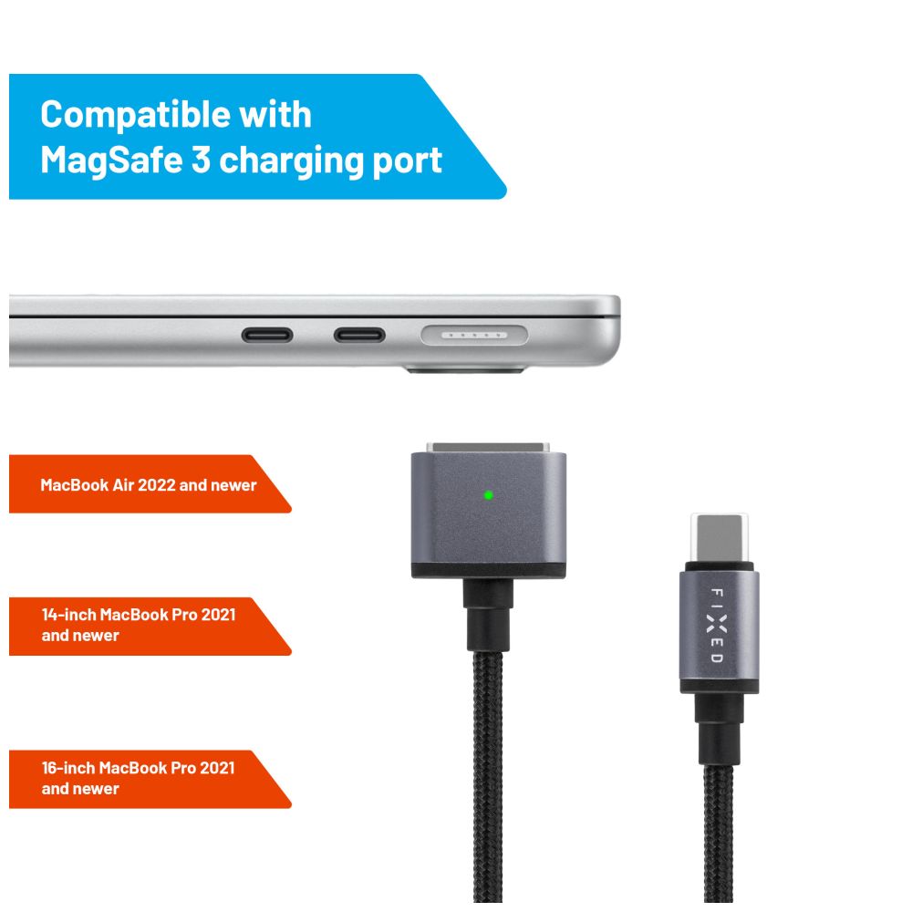 Kabel do ładowania w oplocie FIXED USB-C MagSafe 3, 2m, 140W szary
