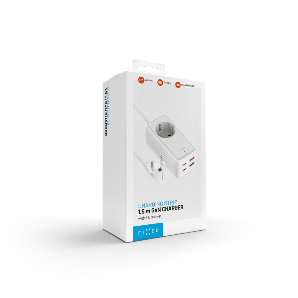 Listwa ładująca FIXED GaN III - 2xUSB-C 2xUSB, 1,5m, PD 65W, biała