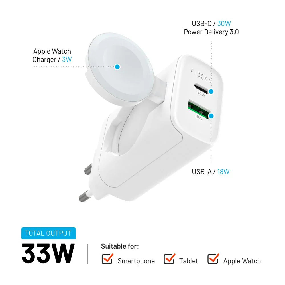 FIXED Power Socket Travel Charger - ładowarka Apple Watch USB-C USB-A 33W biała