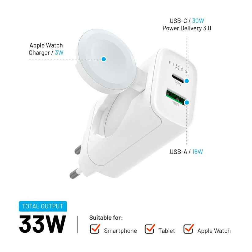 FIXED Power Socket Travel Charger - ładowarka Apple Watch USB-C USB-A 33W biała