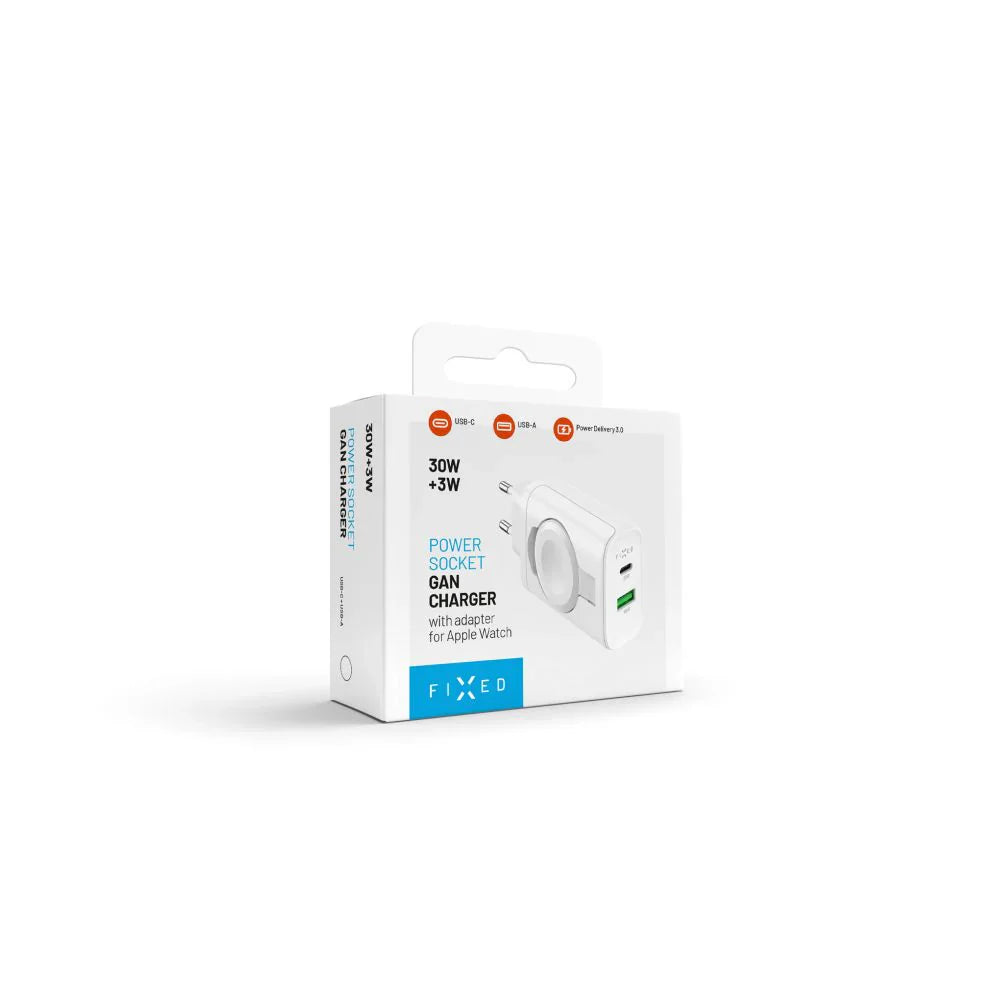 FIXED Power Socket Travel Charger - ładowarka Apple Watch USB-C USB-A 33W biała