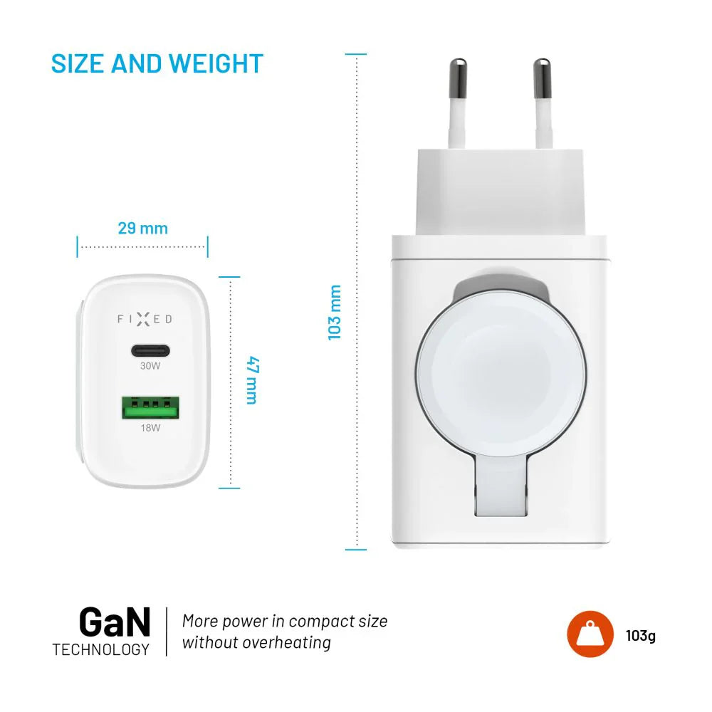 FIXED Power Socket Travel Charger - ładowarka Apple Watch USB-C USB-A 33W biała