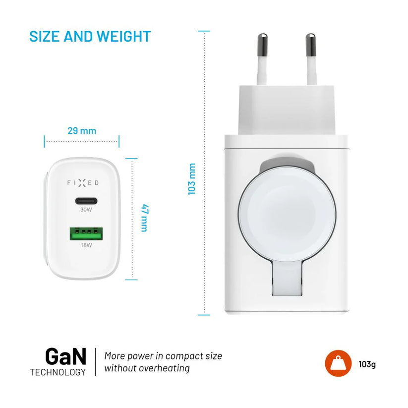 FIXED Power Socket Travel Charger - ładowarka Apple Watch USB-C USB-A 33W biała