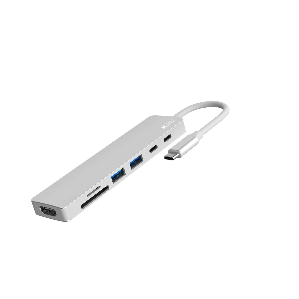 JCPAL Linx USB-C 7in1 - przejściówka USB-C (2 x USB-A 3.0 / USB-C 3.1 / HDMI 60Hz / czytnik kart micro/SD / PD 100W) srebrna