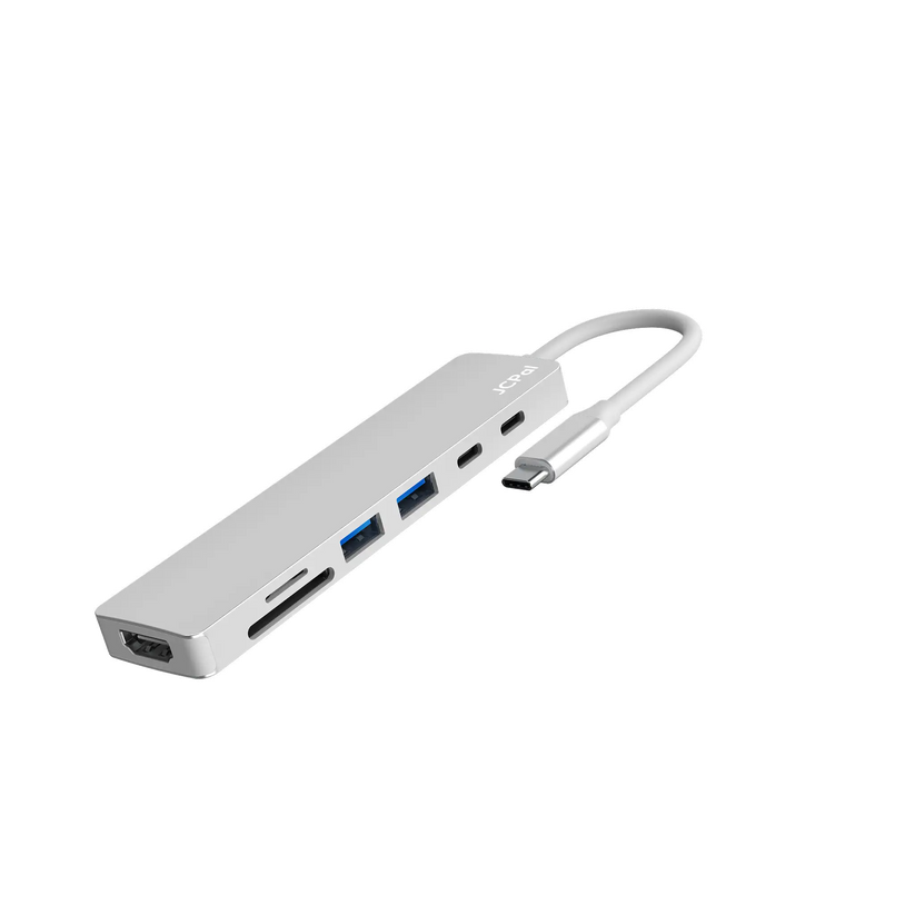 JCPAL Linx USB-C 7in1 - przejściówka USB-C (2 x USB-A 3.0 / USB-C 3.1 / HDMI 60Hz / czytnik kart micro/SD / PD 100W) srebrna