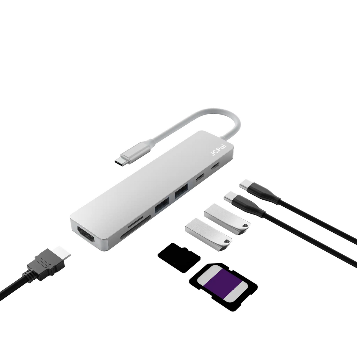 JCPAL Linx USB-C 7in1 - przejściówka USB-C (2 x USB-A 3.0 / USB-C 3.1 / HDMI 60Hz / czytnik kart micro/SD / PD 100W) srebrna