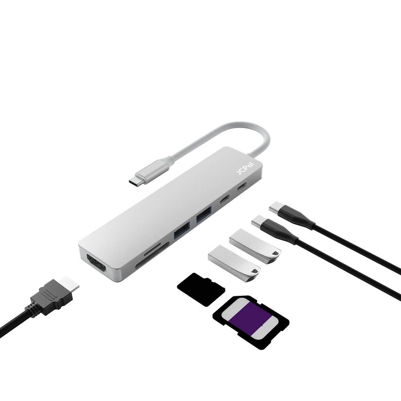 JCPAL Linx USB-C 7in1 - przejściówka USB-C (2 x USB-A 3.0 / USB-C 3.1 / HDMI 60Hz / czytnik kart micro/SD / PD 100W) srebrna
