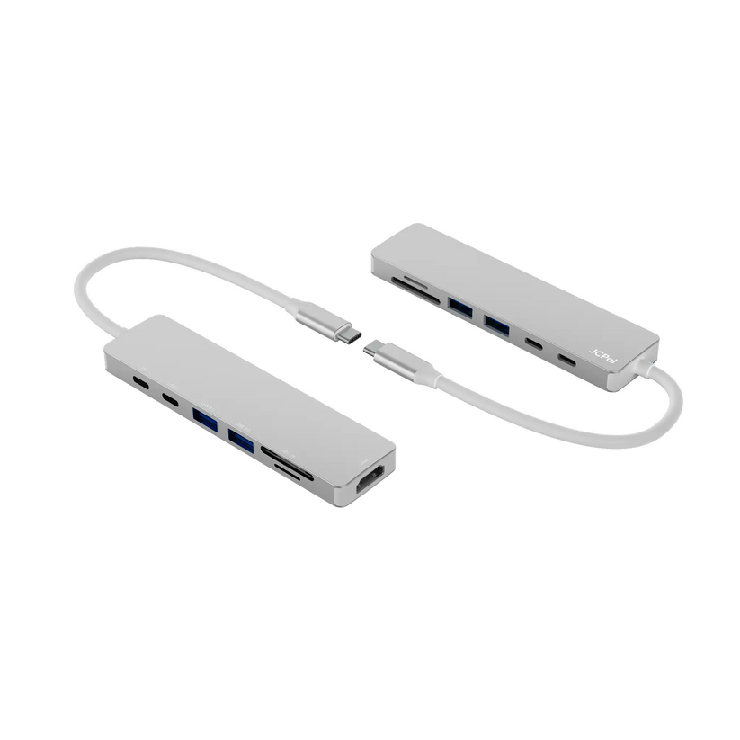 JCPAL Linx USB-C 7in1 - przejściówka USB-C (2 x USB-A 3.0 / USB-C 3.1 / HDMI 60Hz / czytnik kart micro/SD / PD 100W) srebrna