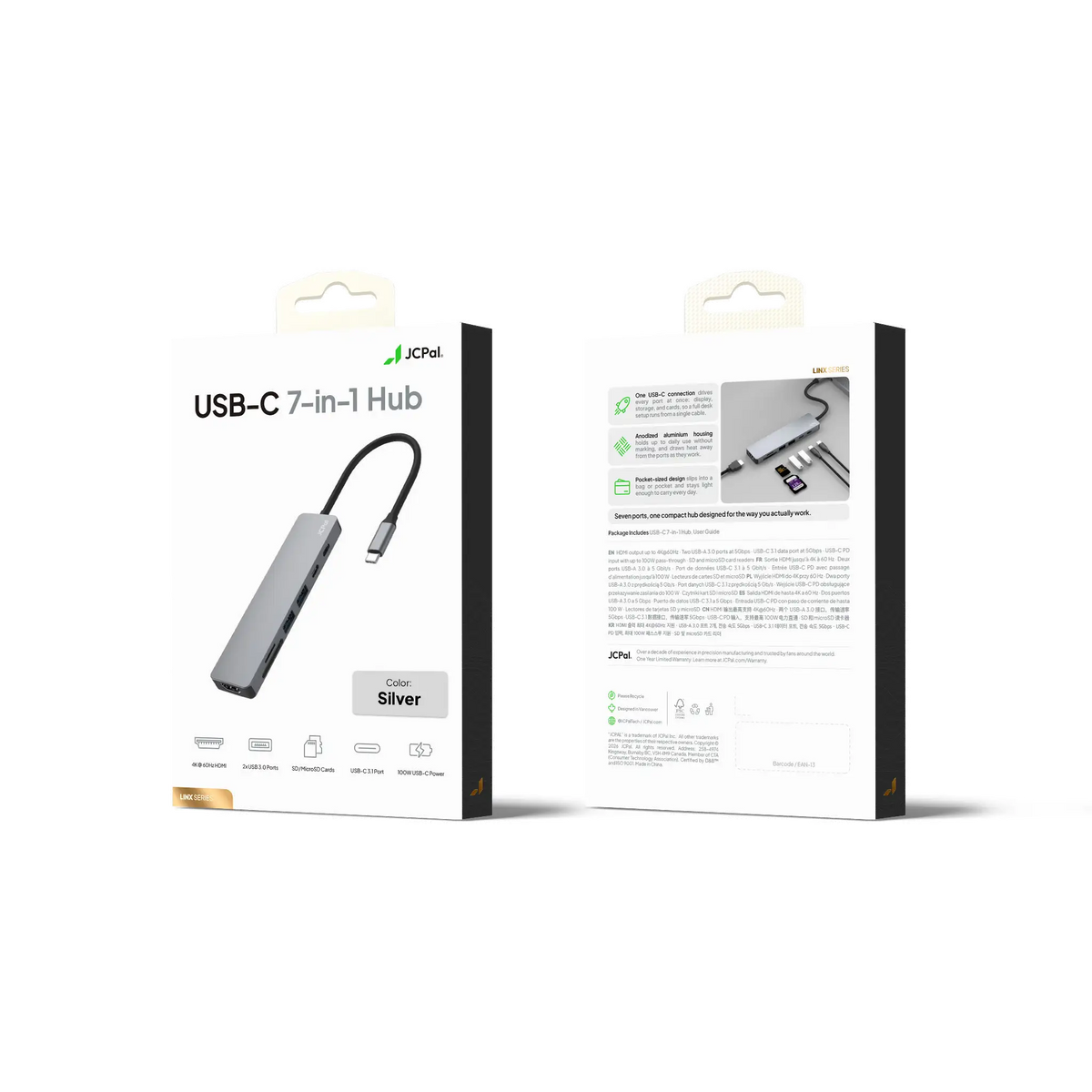 JCPAL Linx USB-C 7in1 - przejściówka USB-C (2 x USB-A 3.0 / USB-C 3.1 / HDMI 60Hz / czytnik kart micro/SD / PD 100W) srebrna