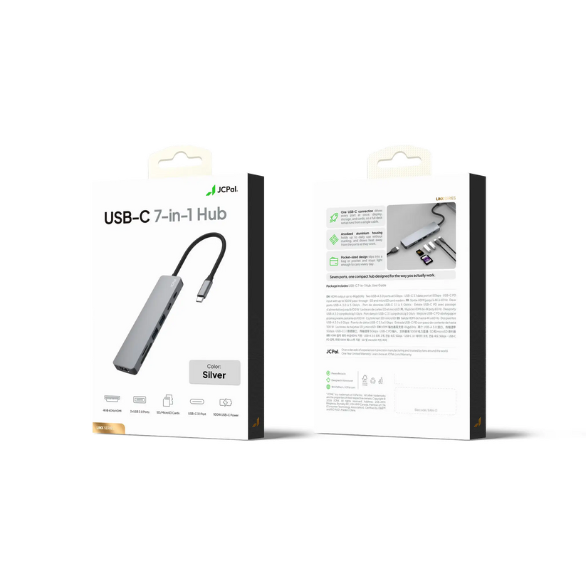 JCPAL Linx USB-C 7in1 - przejściówka USB-C (2 x USB-A 3.0 / USB-C 3.1 / HDMI 60Hz / czytnik kart micro/SD / PD 100W) srebrna