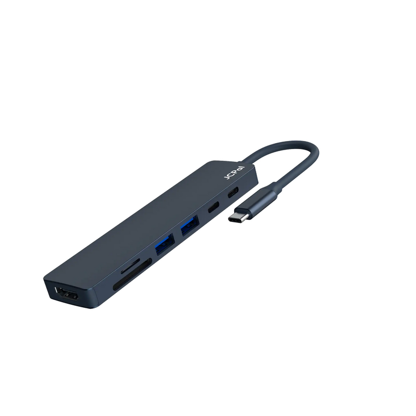 JCPAL Linx USB-C 7in1 - przejściówka USB-C (2 x USB-A 3.0 / USB-C 3.1 / HDMI 60Hz / czytnik kart micro/SD / PD 100W) indygo