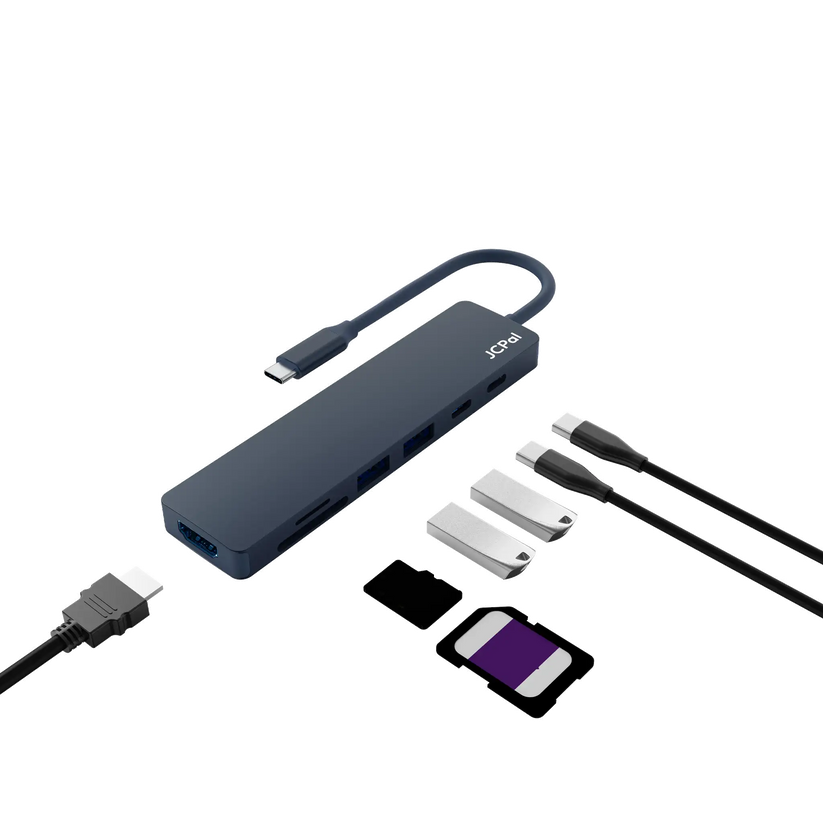 JCPAL Linx USB-C 7in1 - przejściówka USB-C (2 x USB-A 3.0 / USB-C 3.1 / HDMI 60Hz / czytnik kart micro/SD / PD 100W) indygo