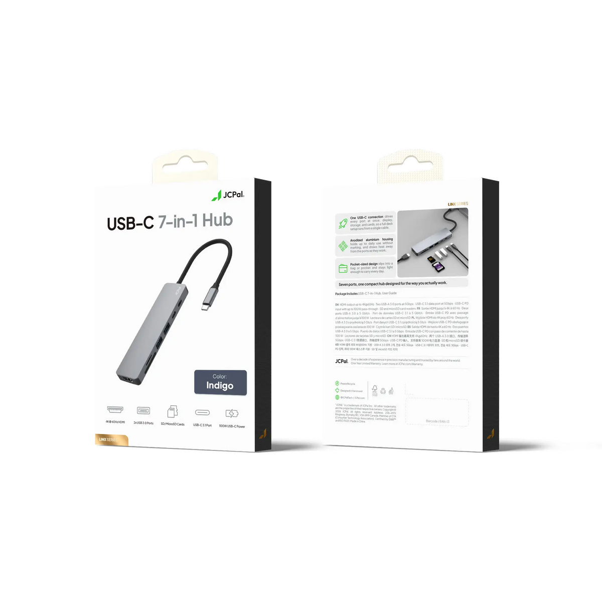 JCPAL Linx USB-C 7in1 - przejściówka USB-C (2 x USB-A 3.0 / USB-C 3.1 / HDMI 60Hz / czytnik kart micro/SD / PD 100W) indygo