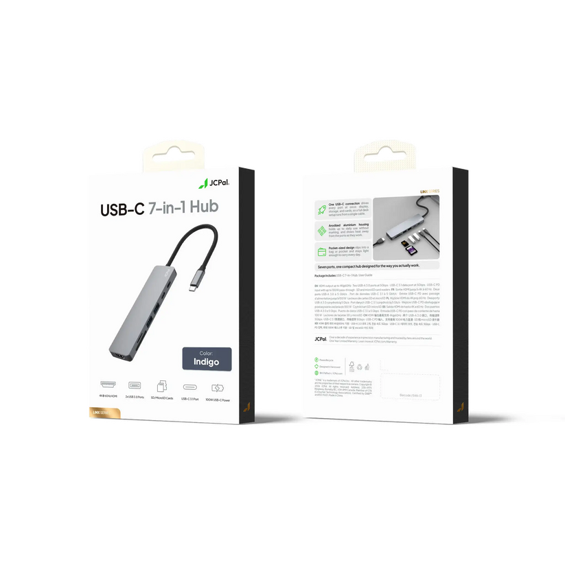 JCPAL Linx USB-C 7in1 - przejściówka USB-C (2 x USB-A 3.0 / USB-C 3.1 / HDMI 60Hz / czytnik kart micro/SD / PD 100W) indygo