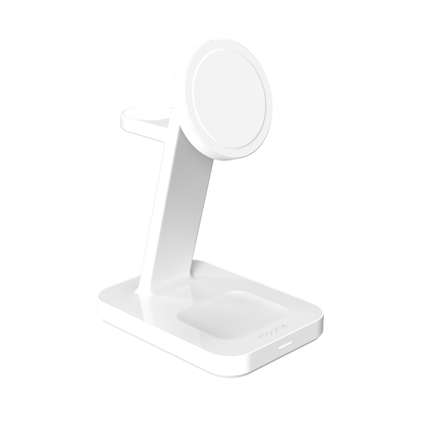 Mophie Snap+ 3-in-1 Qi2 wireless charge stand - stojąca ładowarka bezprzewodowa do trzech urządzeń kompatybilna z MagSafe i Qi2 biała