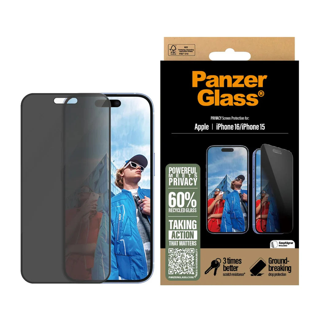 PanzerGlass Privacy Screen Protector Ultra-Wide Fit - szkło prywatyzujące do iPhone 15 16 czarna ramka