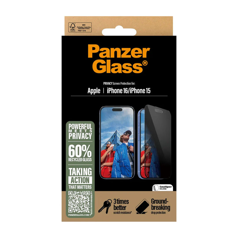 PanzerGlass Privacy Screen Protector Ultra-Wide Fit - szkło prywatyzujące do iPhone 15 16 czarna ramka