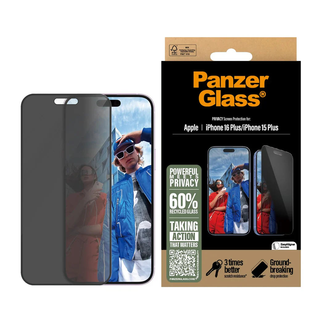 PanzerGlass Privacy Screen Protector Ultra-Wide Fit - szkło prywatyzujące do iPhone 15 Plus 16 Plus czarna ramka