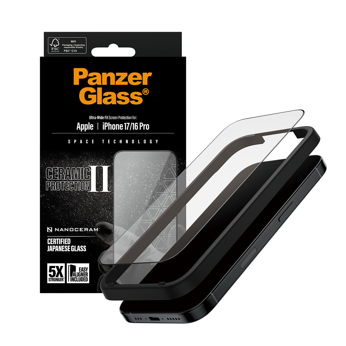 PanzerGlass Ceramic II Screen Protector Ultra Wide Fit - szkło ceramiczne do iPhone 16 Pro 17 czarna ramka