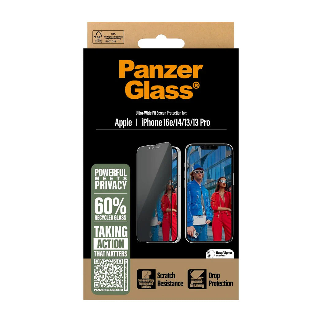 PanzerGlass Privacy Screen Protector Ultra-Wide Fit - szkło prywatyzujące do iPhone 17e 16e 14 13 13 Pro czarna ramka