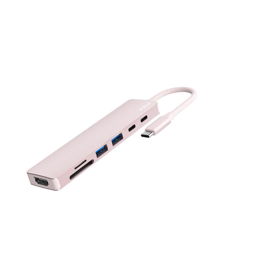JCPAL Linx USB-C 7in1 - przejściówka USB-C (2 x USB-A 3.0 / USB-C 3.1 / HDMI 60Hz / czytnik kart micro/SD / PD 100W) różowa