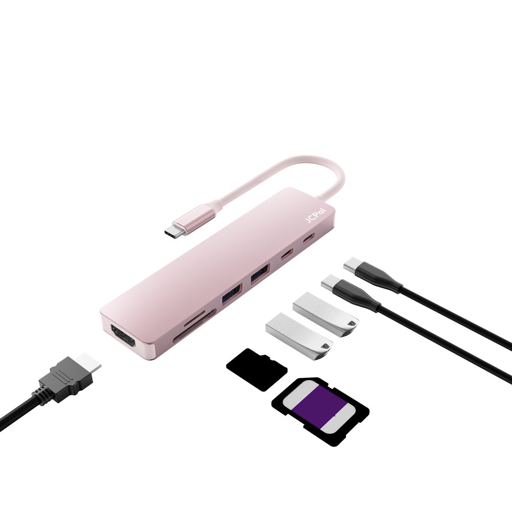 JCPAL Linx USB-C 7in1 - przejściówka USB-C (2 x USB-A 3.0 / USB-C 3.1 / HDMI 60Hz / czytnik kart micro/SD / PD 100W) różowa
