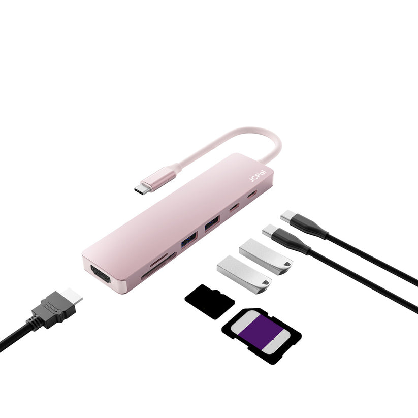 JCPAL Linx USB-C 7in1 - przejściówka USB-C (2 x USB-A 3.0 / USB-C 3.1 / HDMI 60Hz / czytnik kart micro/SD / PD 100W) różowa
