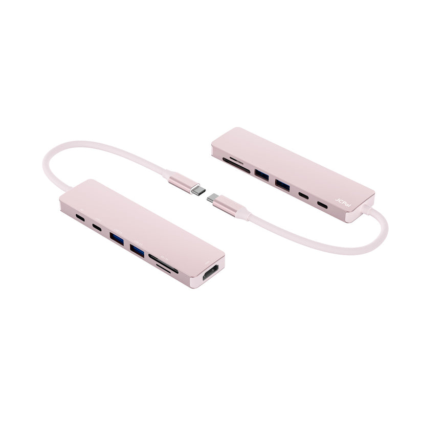 JCPAL Linx USB-C 7in1 - przejściówka USB-C (2 x USB-A 3.0 / USB-C 3.1 / HDMI 60Hz / czytnik kart micro/SD / PD 100W) różowa